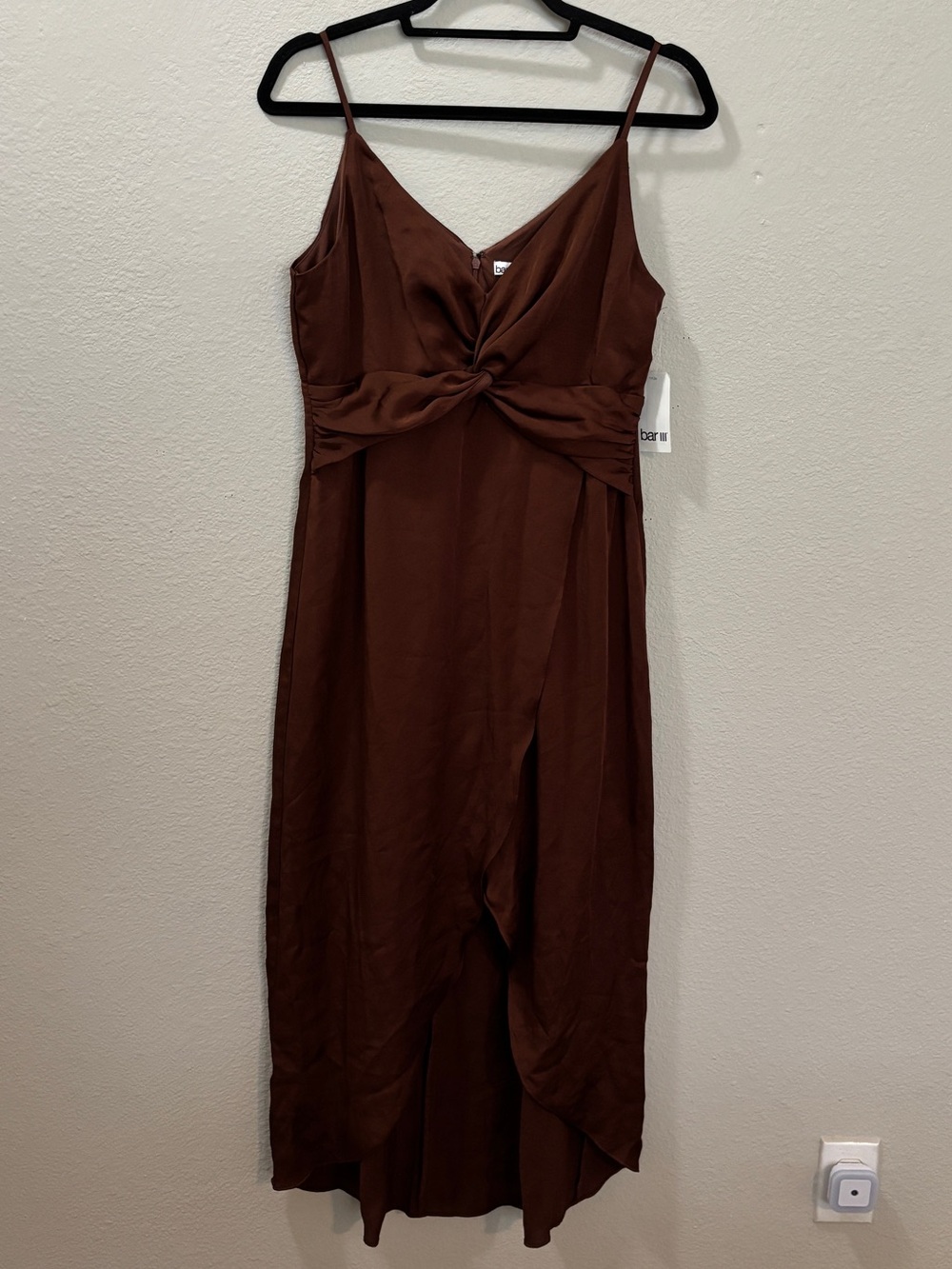 Bar III Brown Satin Twist Front Midi Dress Size Medium NWT